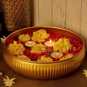 Premium Gold Finish <b>Metal</b> Urli <b>Bowl</b> for Flowers & Candles Decorative Water <b>Bowl</b> for Home Decor Pooja Diwali & Festive Decoration - Product Image 2