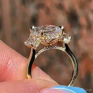 Moissanite Engagement <b>Ring</b> Three Stone <b>Emerald</b> Cut <b>Silver</b> White Gold Plated Luxury Wedding <b>Ring</b> - Product Image 6