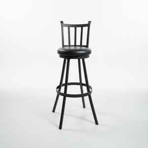 Taburete de Bar de Hierro Forjado a Mano y Cuero Genuino con Respaldo, Asiento Redondo Acolchado, Estructura Metálica, Altura de Barra, Silla de Cocina, Cafetería - Product Image 1