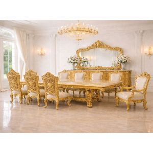 Juego de comedor de lujo estilo Maharani de madera con acabado dorado, mesa de comedor moderna y juego de sillas plegables para 6 personas, EE. UU. - Product Image 1