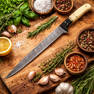 Cuchillo de filetear hecho a mano de acero de Damasco con mango de hueso y funda de cuero, hoja de 8-9.9 pulgadas, ambidiestro, apto para lavavajillas - Product Image 2