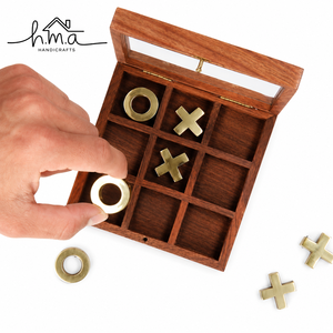 Dark Brown Wooden Tic Tac Toe <b>Box</b> Game With Cream Cross And Round Pieces Square Shape Tabletop <b>Puzzle</b> Decor Set - Product Image 5