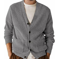 Cardigan gris haut de gamme pour homme, col en V, manches longues, patchwork, fermeture boutonnée, vêtement d'hiver, coupe classique, tricot en laine et acrylique