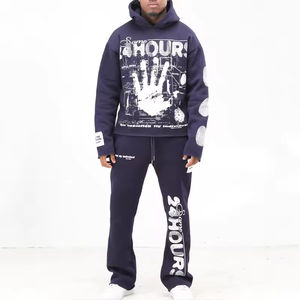 Ensemble de survêtement évasé personnalisé pour homme, style streetwear, avec impression 3D en relief, comprenant un sweat à capuche et un pantalon de jogging, à ourlet brut et motif graphique, vente en gros - Product Image 1