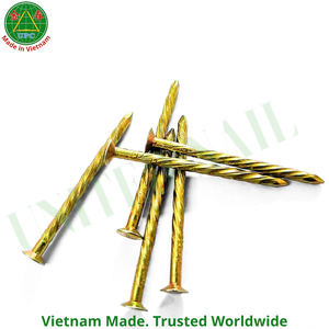1-3/8 Inch Steel <b>Nails</b> with Screw Shank and Checkered Head Design for Woodworking | Clavos sueltos con recubrimiento amarillo - Product Image 1