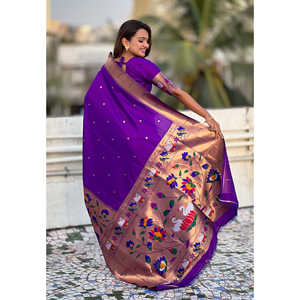 Elite Weaves <b>Purple</b> Paithani Silk <b>Saree</b> with Half-Half Concept Big Border Zari Woven Indian & Pakistani Clothing 700g - Product Image 3