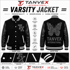 TANVEX INTERNATIONAL Men's Varsity <b>Jacket</b> Black Purple <b>Rhinestone</b> Embroidery Snap Button Closure Preppy Style - Product Image 5
