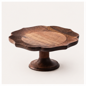 Handcrafted Scalloped Edge Wooden <b>Cake</b> <b>Stand</b> Elegant Dark Walnut Finish Pedestal For Wedding & Party Dessert Display Serving - Product Image 3