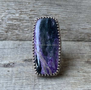 Bague de déclaration en argent sterling 925 avec pierre précieuse de charoite naturelle Flashy Boho mariage/bague de fête cadeau pour elle - Product Image 5