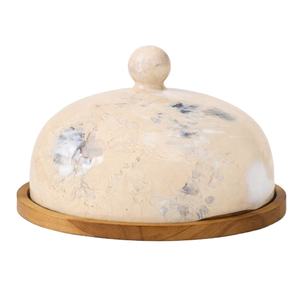 Plat à beurre en résine avec dôme en marbre orange, boîte à fromage avec base en bois, cloche décorative pour servir le gâteau, le pain, plateau de service - Product Image 1