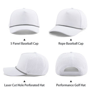 Gorra de golf personalizada de 5 paneles con logo grabado, impermeable, con cuerda, perforaciones láser, estilo trucker de alto rendimiento, hebilla dorada de cobre común - Product Image 4