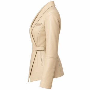 Blazer en cuir véritable beige pour femme, coupe asymétrique, col châle à rabat latéral, vêtement d'extérieur sur mesure, offre directe usine - Product Image 4