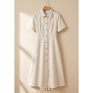 Vestido Camisero Elegante de Poliéster y Elastano para Mujer, Vestido Midi con Botones al Frente, Manga Corta, Corte en A, Vestido Casual de Oficina TESSA - Product Image 6