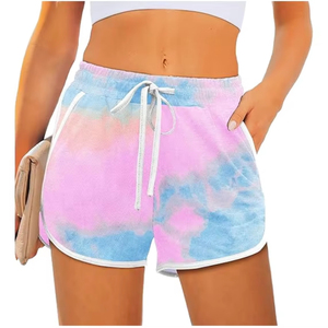 Shorts tricotés tie-dye pour femmes, taille mi-haute, cordon de serrage, décontractés, respirants, en coton et élasthanne, motif dégradé de couleurs - Product Image 1