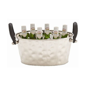 Luxury Hammered Stainless Steel Oval <b>Ice</b> Bucket With Dark Leather Handles Party Wine Beer Beverage Tub For Wedding & Party - Product Image 6