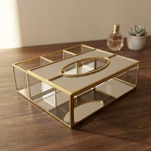Geometric Glass Tissue Box <b>with</b> Brass Frame <b>Mirror</b> Base <b>Storage</b> Organizer for <b>Bathroom</b> Vanity - Product Image 4