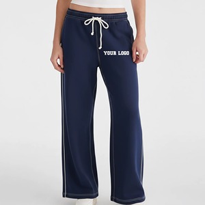 OEM High Quality Custom Women's Casual Flare 100% Cotton Athletic Joggers Wide Leg Regular Fit Straight Logo Waist Patchwork - Product Image 1