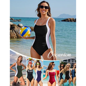 Maillot de bain une pièce amincissant colorblock pour femme avec effet ventre plat et fronces, idéal pour la plage - Product Image 6