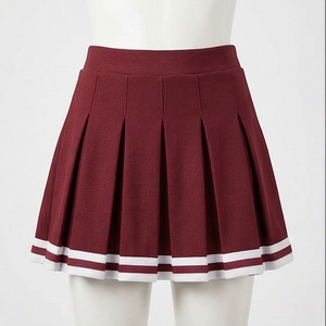 Mini-jupe plissée pour femme, couleur unie, taille élastique, bordure rouge et blanche, à porter toute l'année - Product Image 1