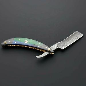 มีดโกนเหล็กดามัสกัสแบบดั้งเดิมทำมือ Burraq OEM DIY แบบกำหนดเองได้  ขนาด 7 นิ้ว พร้อมปลอกหนัง ของขวัญสำหรับเพื่อนเจ้าบ่าว 1 ชิ้น - Product Image 1