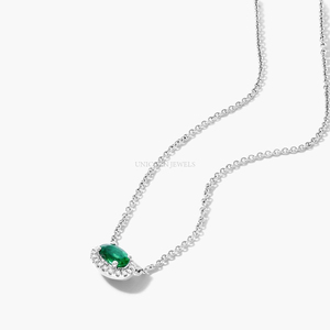 14K Gold East-West Oval <b>Emerald</b> Halo Necklace Lab Grown Diamond Petite Sideways Gemstone <b>Pendant</b> for Women Custom Fine Jewelry - Product Image 5