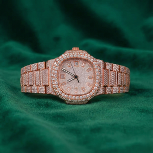 Montre automatique de luxe entièrement sertie de moissanite, or rose, acier inoxydable, saphir, étanche, style diamant, pour homme et femme - Product Image 1