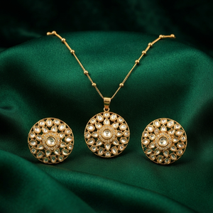 Elegant Brass Gold Plated Round Floral Moissanite Pendant <b>Chain</b> Necklace Set Matching <b>Stud</b> <b>Earrings</b> Women's Anniversary Jewelry - Product Image 3