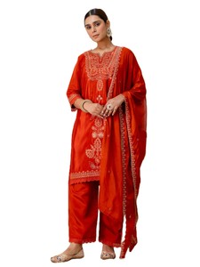 Salwar Kameez en soie rouge pour femmes, tenue traditionnelle indienne pakistanaise brodée, coupe ample, longueur cheville, style marocain, pour mariage - Product Image 1