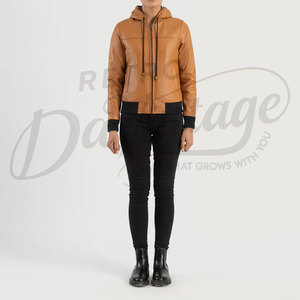 Women Tan Real <b>Leather</b> Hooded Bomber <b>Jacket</b> Black Ribbed Trim Slim Fit Premium Sheepskin Casual Winter Outerwear Fashionable - Product Image 3