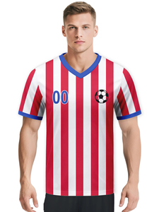 Custom <b>Red</b> <b>White</b> <b>Striped</b> Soccer Jersey V-Neck Short Sleeve Sublimated Print Breathable Unisex Adult Football <b>Shirt</b> - Product Image 2