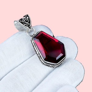 Natural Red Garnet Bezel Setting <b>Emerald</b> Cut Sterling Silver Geometric <b>Pendant</b> Handmade Gemstone Bohemian Jewelry Gift for Women - Product Image 1