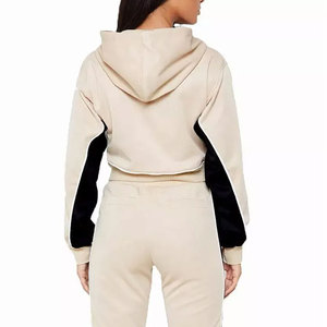Ensemble de survêtement décontracté pour femme, beige, color block, respirant, mi-lourd, avec sweat à capuche sans manches et pantalon de jogging à cordon de serrage - Product Image 2