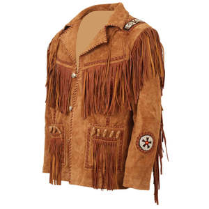 Cowboy Unisex Canvas Slim Quick Dry Streetwear <b>Jacket</b> Long <b>Fringes</b> Original Cow Suede Front - Product Image 1