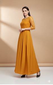 Robe longue jaune premium pour femmes en tissu Georgette avec col rond intérieur et manches 3/4 – Qualité export en gros - Product Image 5