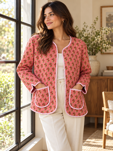 Chaqueta Acolchada de Algodón Hecha a Mano en India para Mujer, Estampado Floral, Bolsillos con Parches Bordados, Cierre de Botones, Otoño-Primavera - Product Image 4