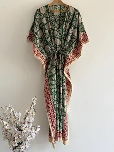 Elegante Vestido Kaftán de Algodón con Estampado Floral Verde, Cintura Ajustable, Estilo Bohemio, Holgado, Informal, para Mujer, Vestido de Verano - Product Image 1