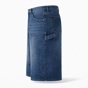 Shorts en jean vintage bleu délavé pour hommes, style streetwear, production ODM, coupe ample, longueur genou, jean baggy surdimensionné, broderie - Product Image 2