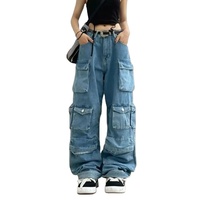 Multi Pocket Blue Washed Jeans Cargo Pants Retro Streetwear Fashion High Waist Jeans Couple Casual Wide Leg Pants