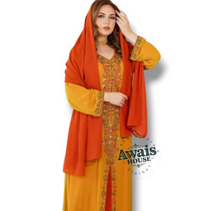 Ensemble 2 pièces de luxe AWAIS HOUSE pour femmes musulmanes, robe longue en velours uni perlé, coupe trapèze, pour soirée/formelle - Product Image 1