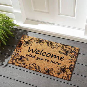 Tapis de porte rectangulaire en fibre de coco à motif floral, antidérapant avec support en caoutchouc, style ferme, pour extérieur - Product Image 1