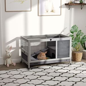 Indoor <b>Rabbit</b> Enclosure Large Wooden Elevated <b>Cage</b> Habitat with No Leak Tray Wheels Gray for <b>Rabbits</b> & Guinea Pigs - Product Image 2