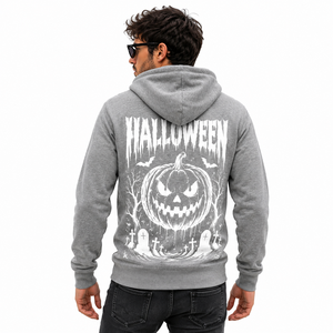 Premium Halloween Full <b>Zip</b> <b>Hooded</b> Jacket Custom Logo Available Soft Fleece Hoodie with Horror Skull Pumpkin Graphic Print Logo - Product Image 4