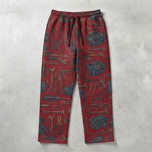 Pantalon de survêtement rouge à motif outils pour homme, taille élastique, décontracté, imprimé, en polyester, pour l'automne - Product Image 6