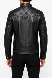 Blouson moto homme en cuir véritable noir, col montant, fermeture éclair avant, coupe ajustée, manches classiques, couleur unie, pour l'automne - Product Image 4
