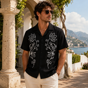 Luxury Men's Black Floral Embroidered Cotton <b>Shirt</b> <b>Half</b> Sleeve Casual Resort Wear <b>Shirt</b> for Men - Product Image 1
