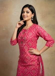 Kurti Moderno Recto de Algodón Estampado Rosa Rani para Mujer, Cuello Redondo, Manga 3/4, Largo Regular, Ropa Étnica, Túnica para Fiesta de Verano - Product Image 3