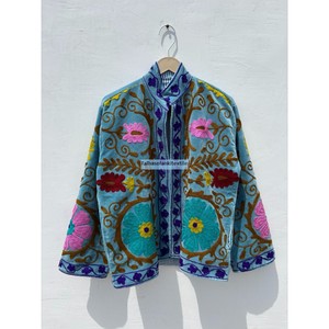Veste en velours brodée Suzani pour femme, col mandarin, manches longues, motif floral, doublure en coton, manteau de printemps - Product Image 2