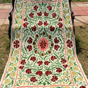 Artisan Uzbek Suzani Cotton Bedspread with Intricate Floral Embroidery Bohemian <b>Throw</b> <b>Blanket</b> for Decorative Bedroom Bedding - Product Image 3