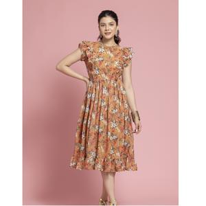 Robe de fête élégante pour filles avec imprimé floral couleur moutarde, manches à volants et tissu en georgette pour occasions spéciales - Product Image 1