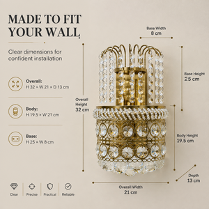 Lampe murale décorative de luxe en fer et cristal doré avec deux douilles E14 pour salon, chambre, couloir, hôtel - Product Image 3